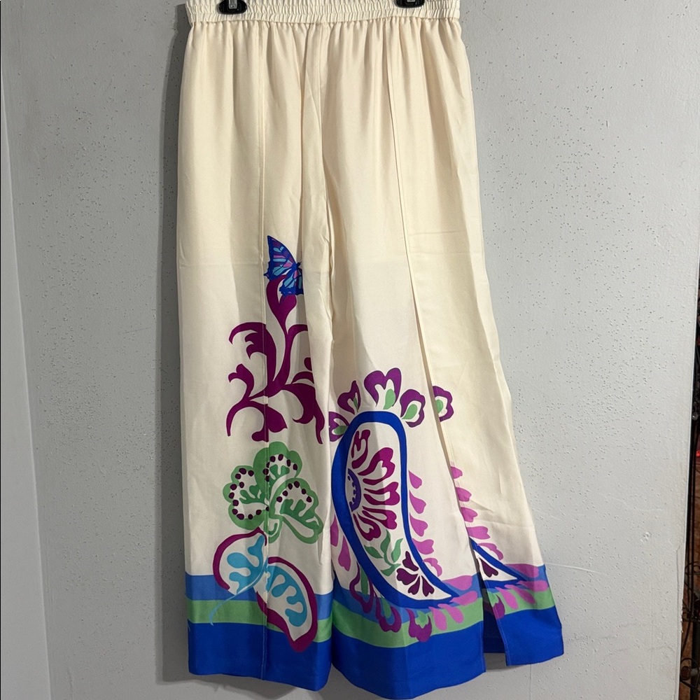 Johnny Was Jade Cream Wide-Leg Pants with Purple & Blue Paisley Print NWT - Picture 5 of 7